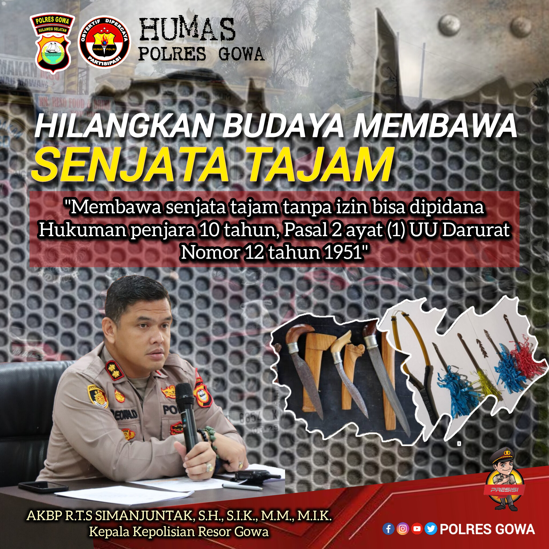 Kapolres Gowa Tegaskan Sanksi Berat bagi Pembawa Senjata Tajam Tanpa Izin